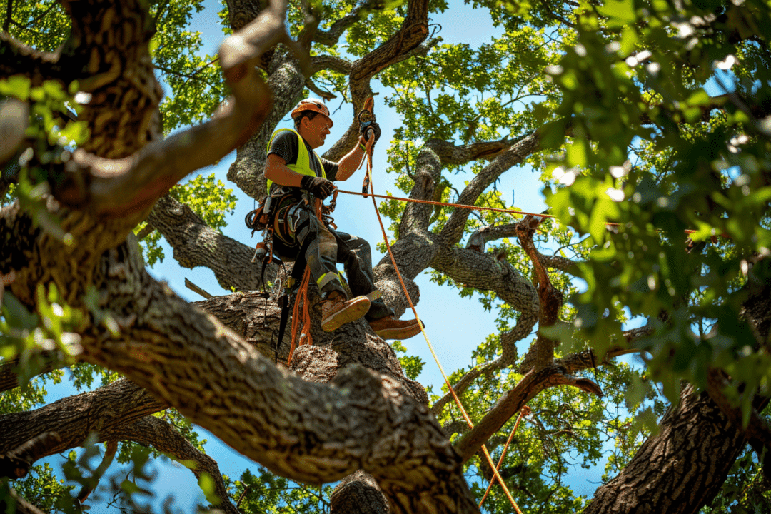 Professional tree removal service worker using chainsaw on ladder to cut tree branches in Johnson City residential area