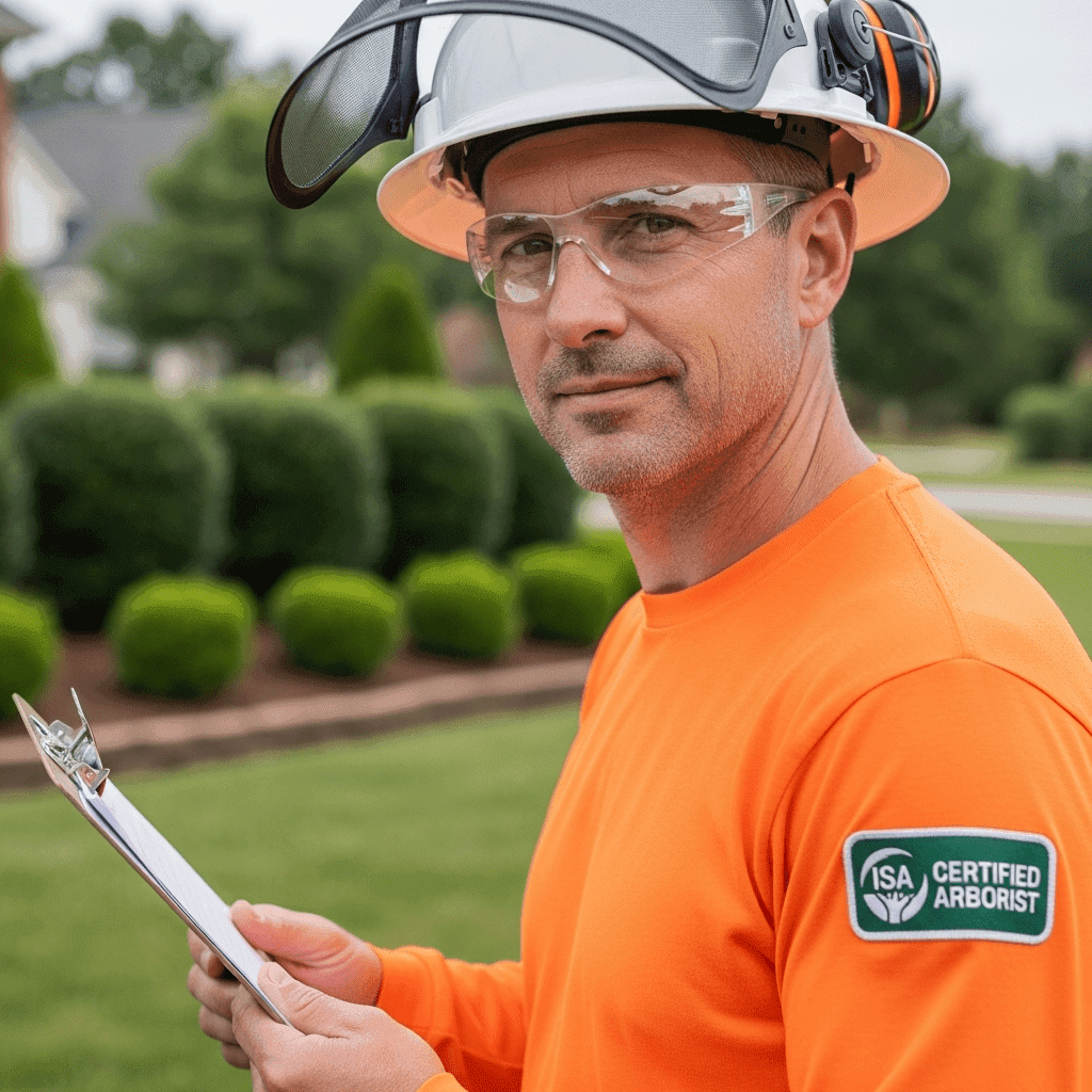 ISA certified arborist in Johnson City TN wearing safety gear and hard hat, holding consultation clipboard for professional tree service assessment