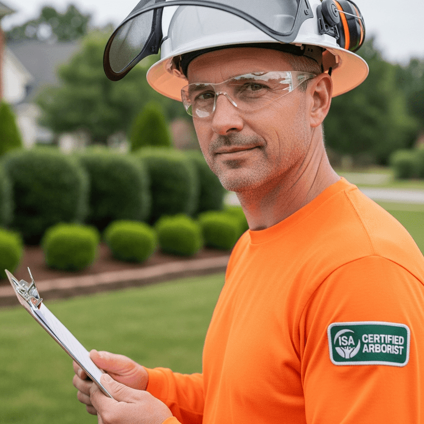 ISA certified arborist in Johnson City TN wearing safety gear and hard hat, holding consultation clipboard for professional tree service assessment
